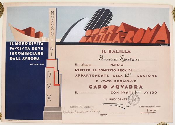 Pagella con grafica futurista di Calzavara di Epoca Fascista (1936)