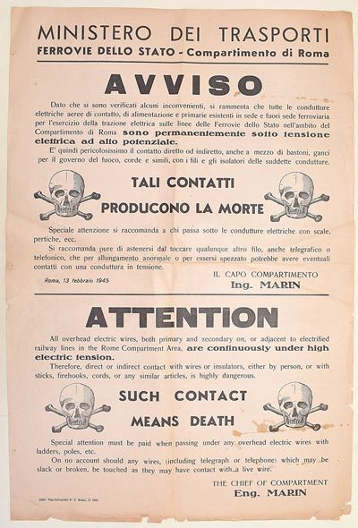 Ministero dei Trasporti, Avviso di pericolo di morte del Compartimento Ferrovie dello Stato di Ro...