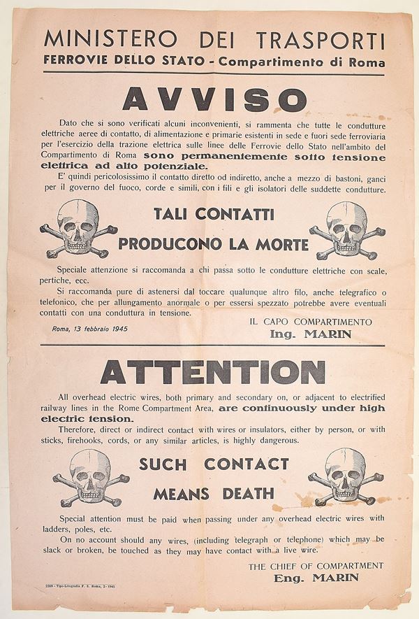 W. W. II Avviso di pericolo di morte del Ministero dei Trasporti - Ferrovie dello Stato - Compartimento di Roma (1945)