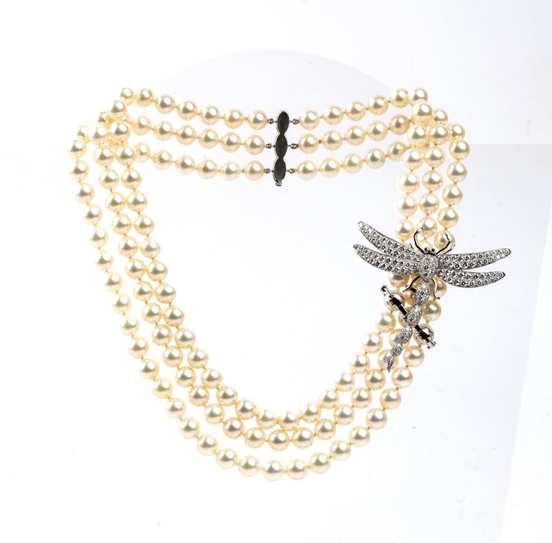 Parure Dragonfly con orecchini e collana in platino, diamanti e perle