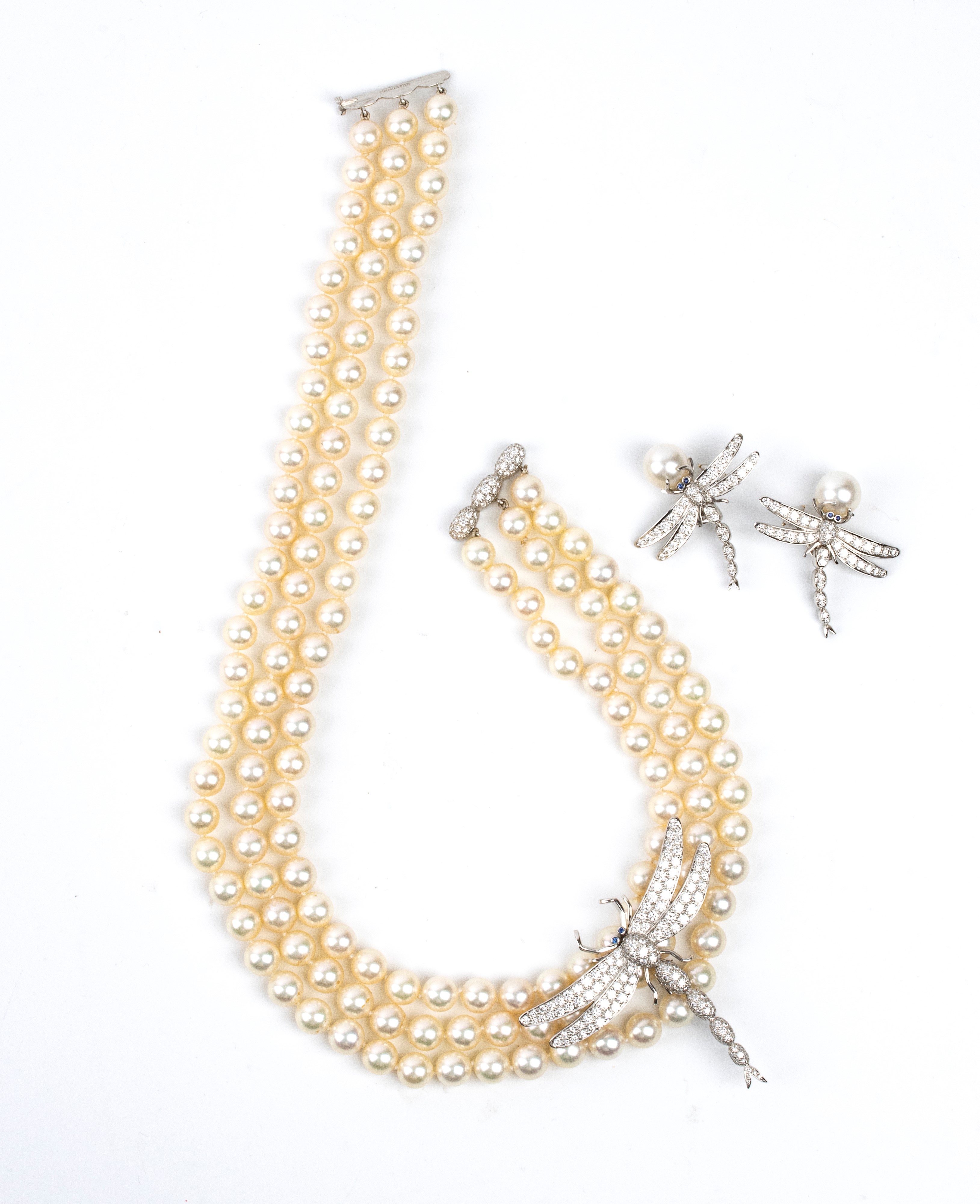 Parure Dragonfly con orecchini e collana in platino, diamanti e perle
