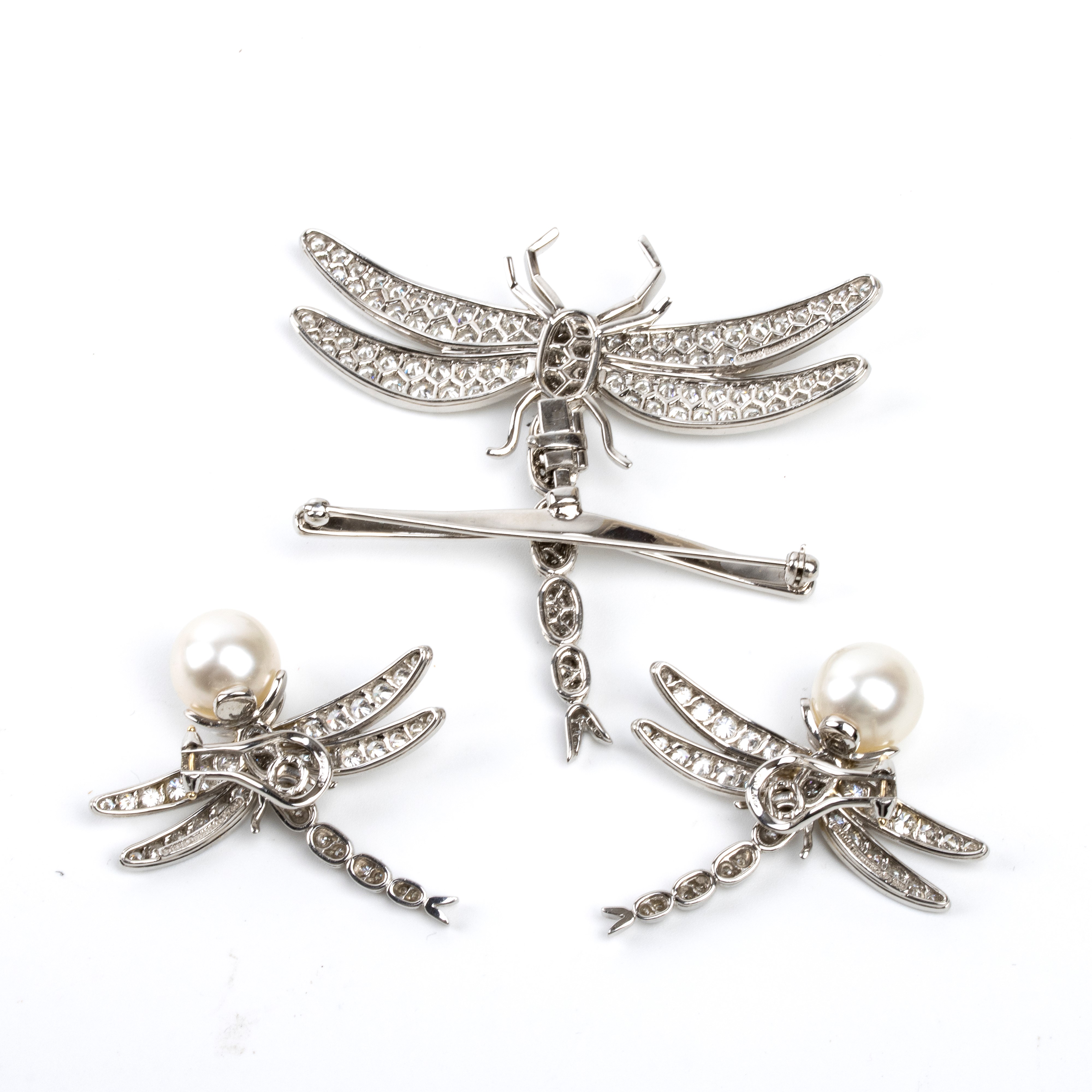 Parure Dragonfly con orecchini e collana in platino, diamanti e perle