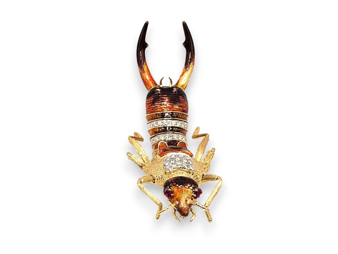 Piero Barberis - Spilla a forma di Forficula auricularia in oro 18k, smalti e diamanti