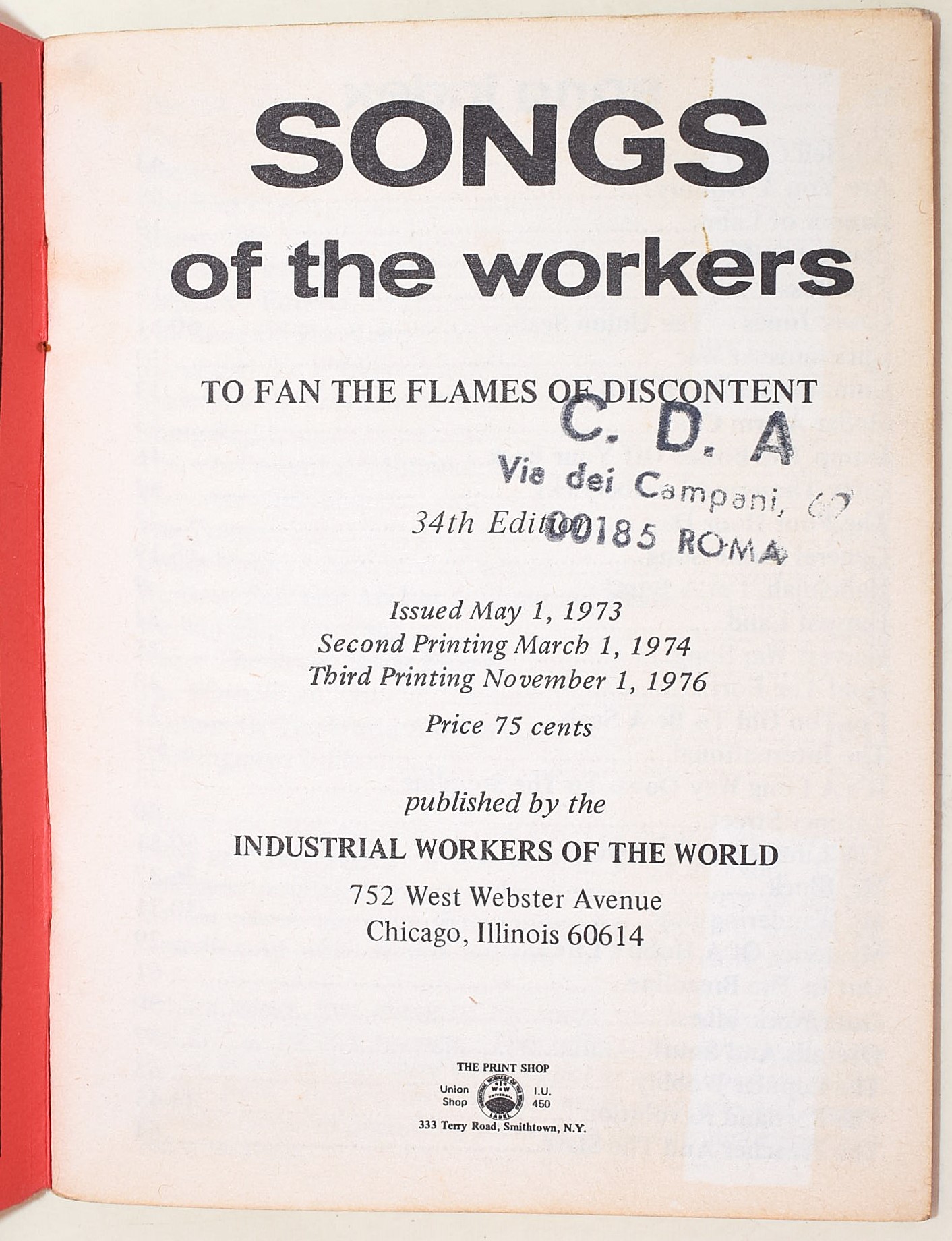 Industrial Workers of the World, I W W Songs, opuscolo, 1976