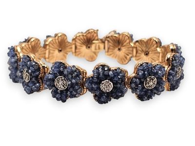 Bracciale in oro 9 k con motivo a fiori in zaffiri e diamanti, anni '50