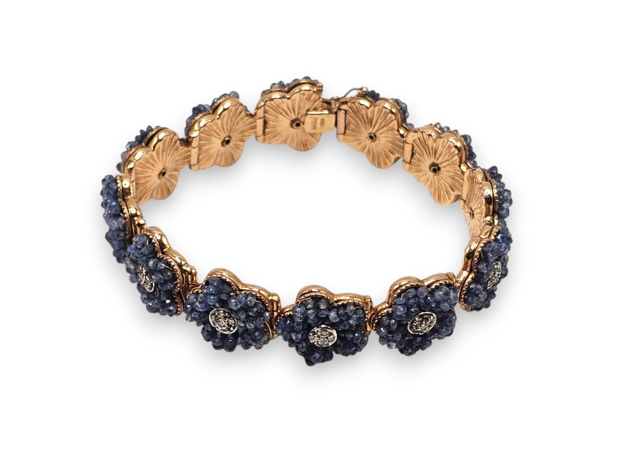 Bracciale in oro 9 k con motivo a fiori in zaffiri e diamanti, anni '50