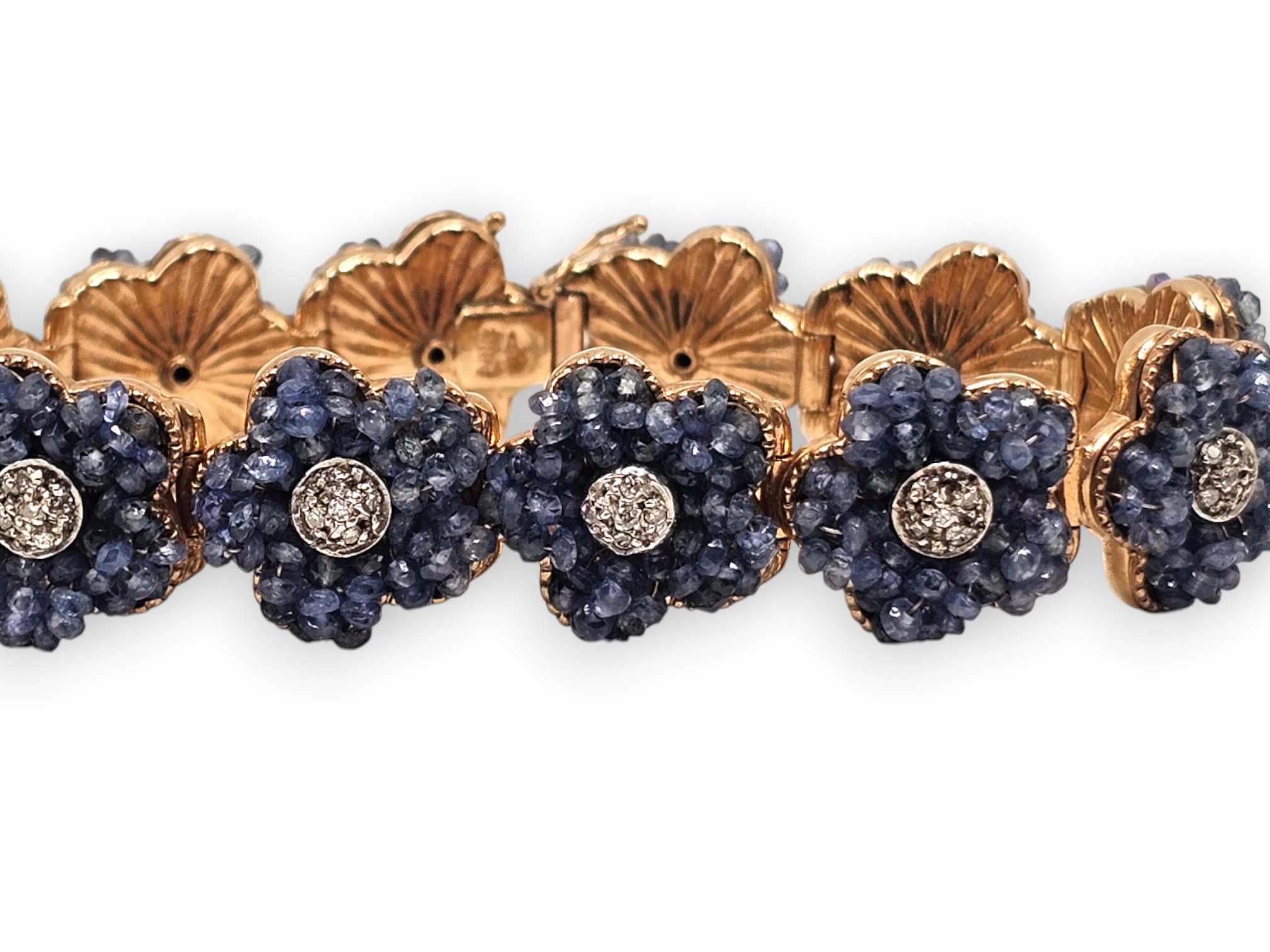 Bracciale in oro 9 k con motivo a fiori in zaffiri e diamanti, anni '50