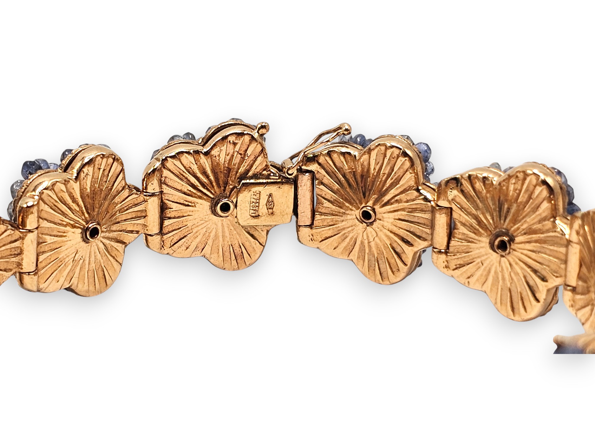 Bracciale in oro 9 k con motivo a fiori in zaffiri e diamanti, anni '50