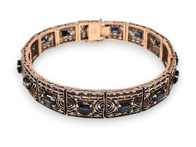 Bracciale a nastro in oro rosa e argento con zaffiri, anni ’50