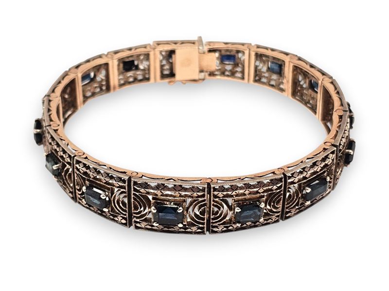 Bracciale a nastro in oro rosa e argento con zaffiri, anni ’50