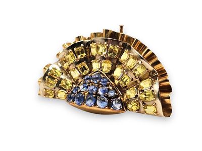 Spilla a ventaglio in oro 750 con zaffiri blu e zaffiri gialli/corindoni gialli, cabochon e corpi...