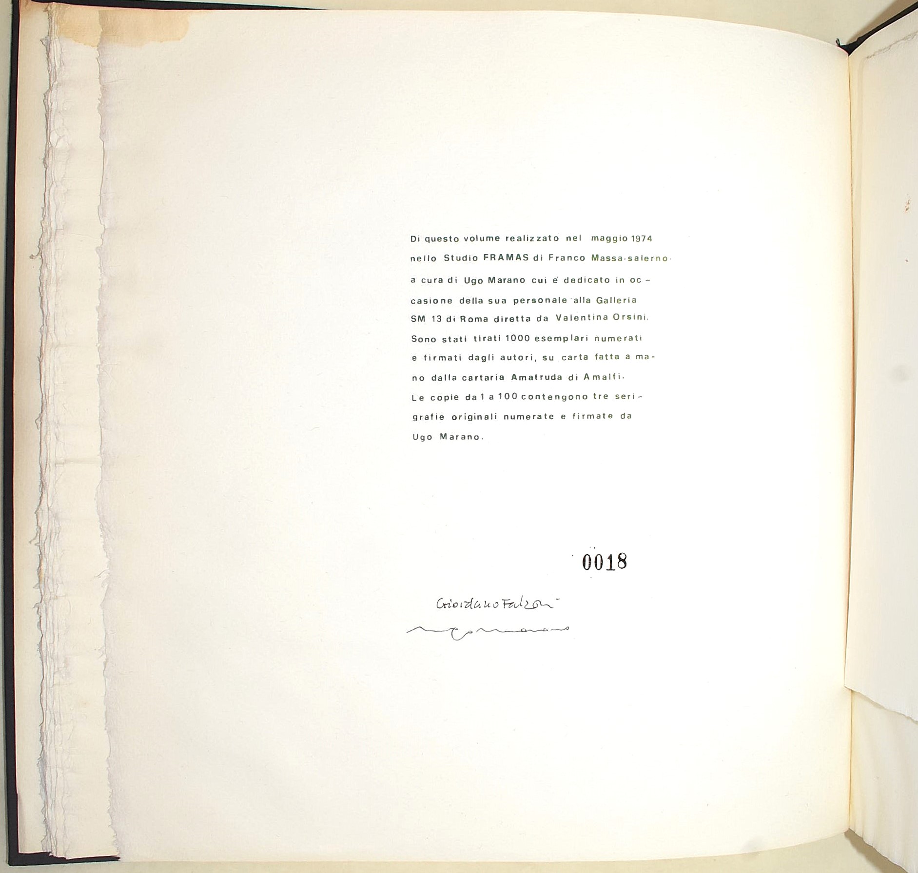Falzoni, Giordano: Ellissi a Ugo Marano (1974), Volume illustrato con serigrafie