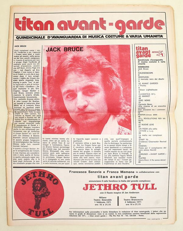 Titan Avant-Garde. Quindicinnale d'Avanguardia di musica di costume & varia umanità. Anno II / 1 (1971) Carmelo Bene - Jack Bruce - poster doppio Circus 2000