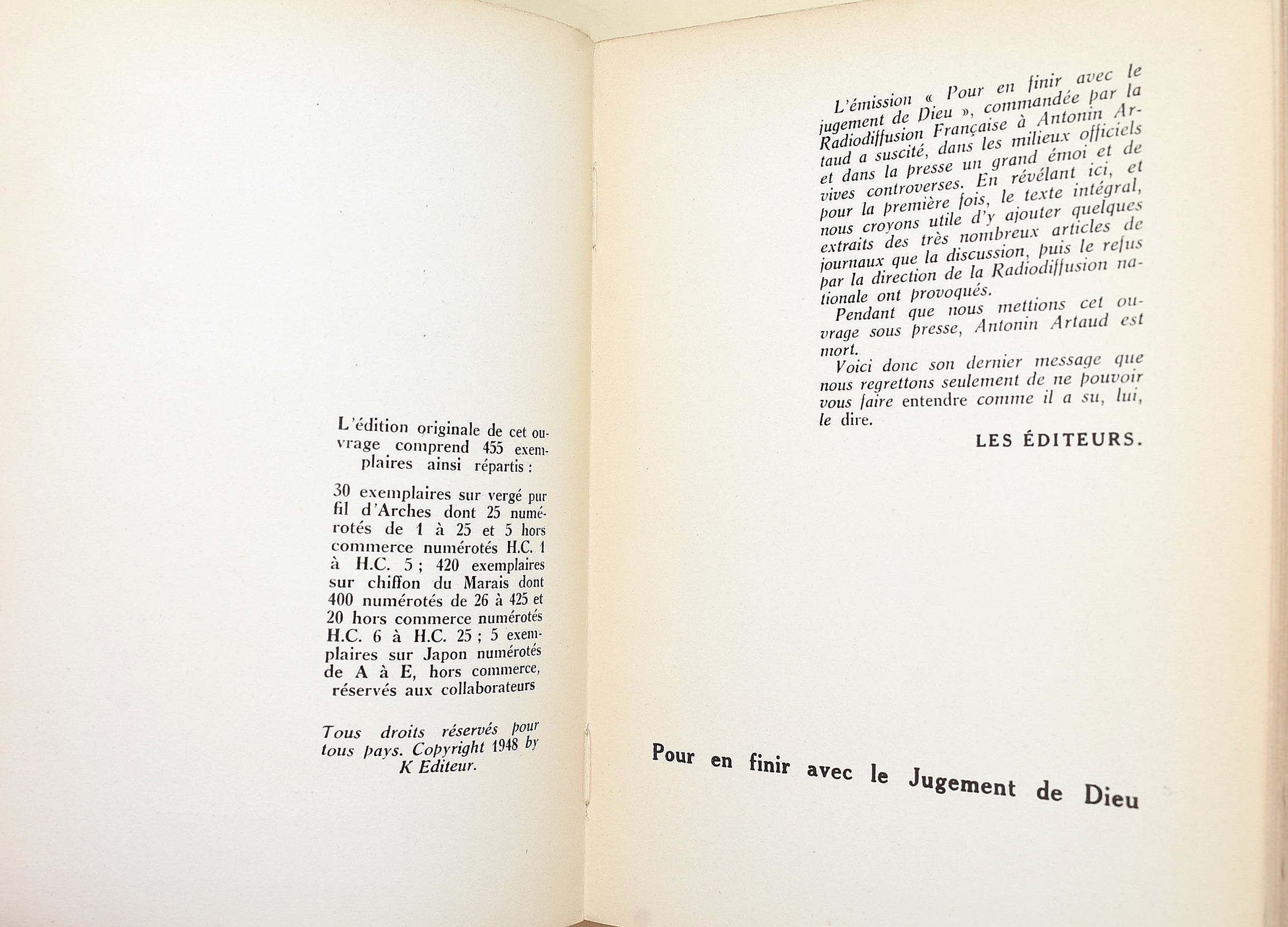 Artaud, Antonin: Pour en finir avec le jugement de Dieu, K éditeur, 1948, brossura, prima edizion...