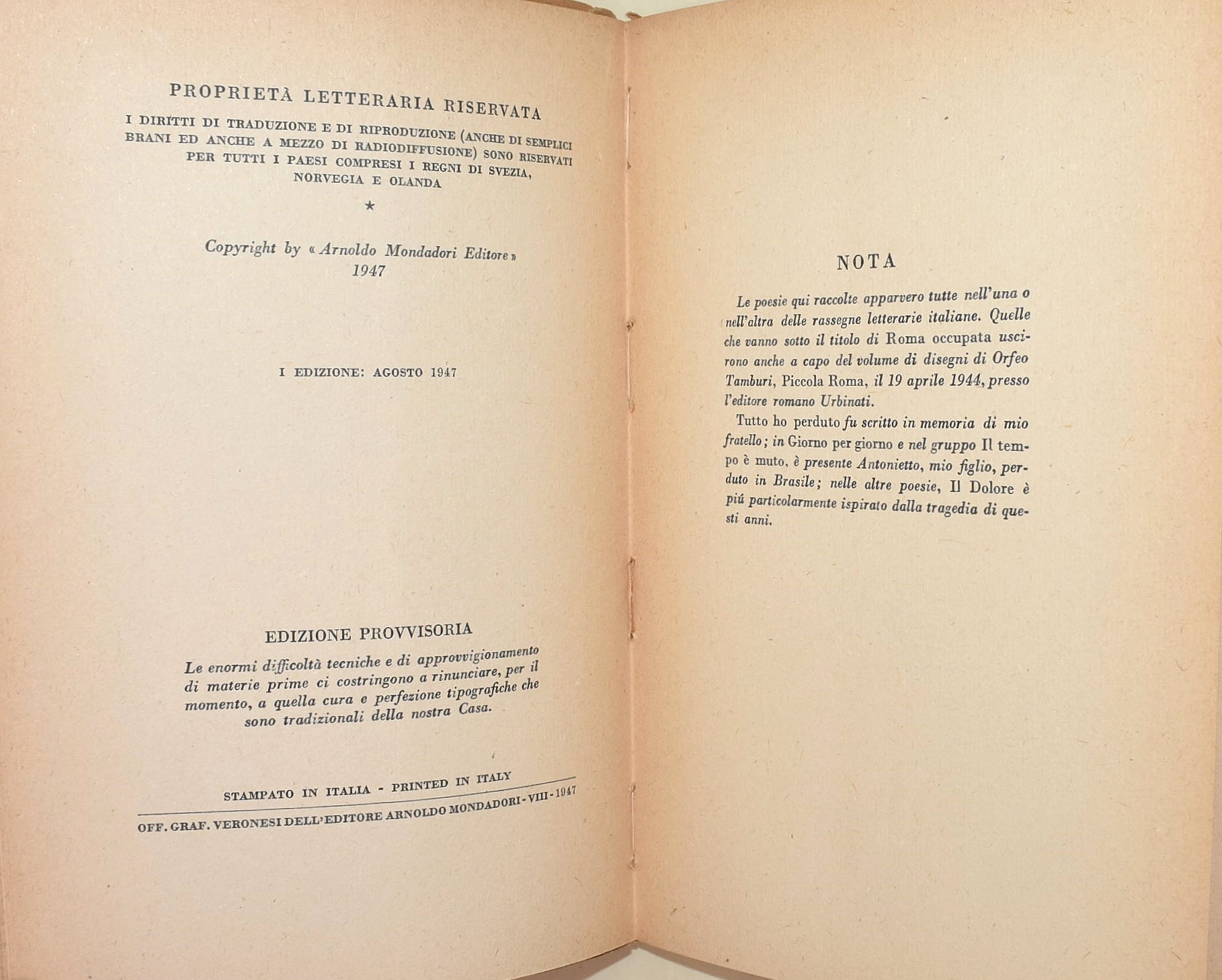 Valéry, Il cimitero marino; Ungaretti, Vita d'un uomo V; De Pisis, Poesie; Bartolini, Passaggiata...