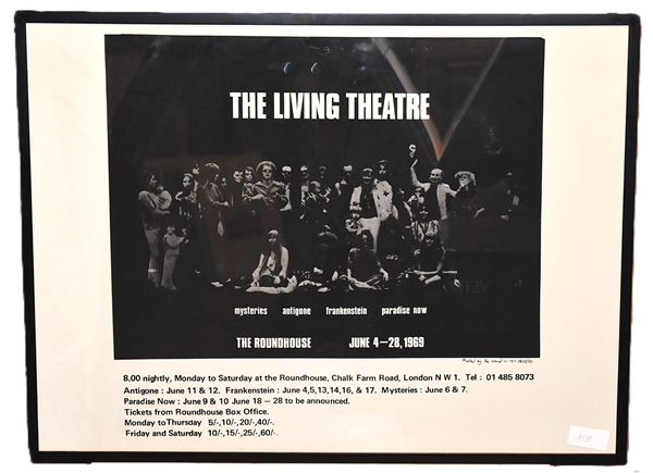 POSTER THE LIVING THEATRE AT THE ROUNDHOUSE 1969 Printed by The Word  01 – 727 2823/95