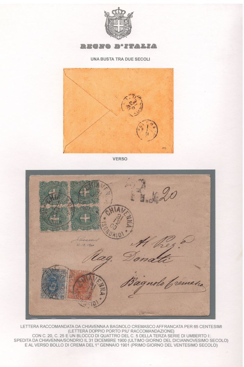Regno d'Italia, Raccomandata del 31.12.1900 da Chiavenna a Bagnolo con affrancatura composta
