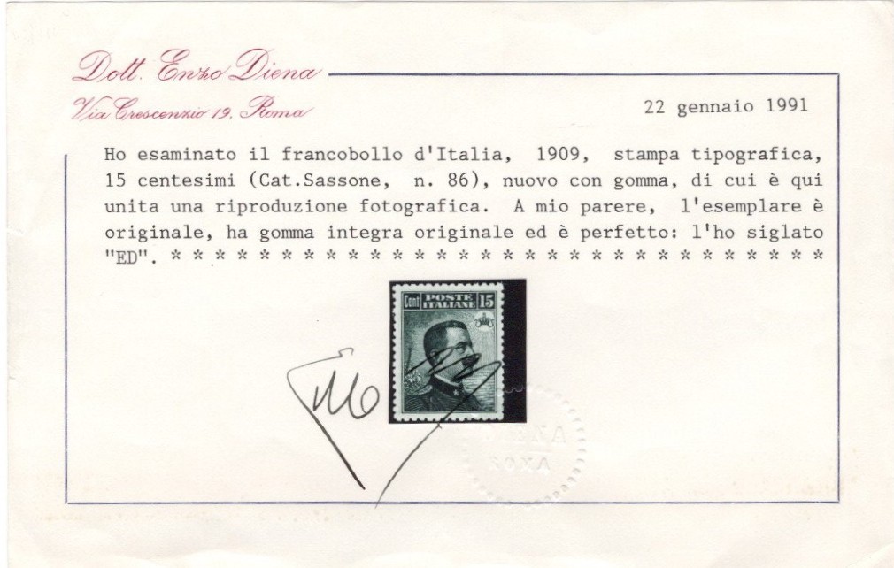 Michetti, Regno del 1909, Tipo II, N.86, nuovo con gomma integra