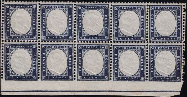 Regno - 20cent. in blocco di 10 con bordo di foglio in basso e linea di riquadro.