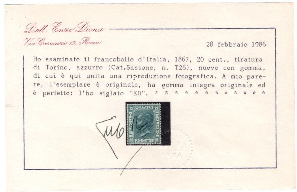 Regno d'Italia, 20 centesimi Bigola del 1867, azzurro