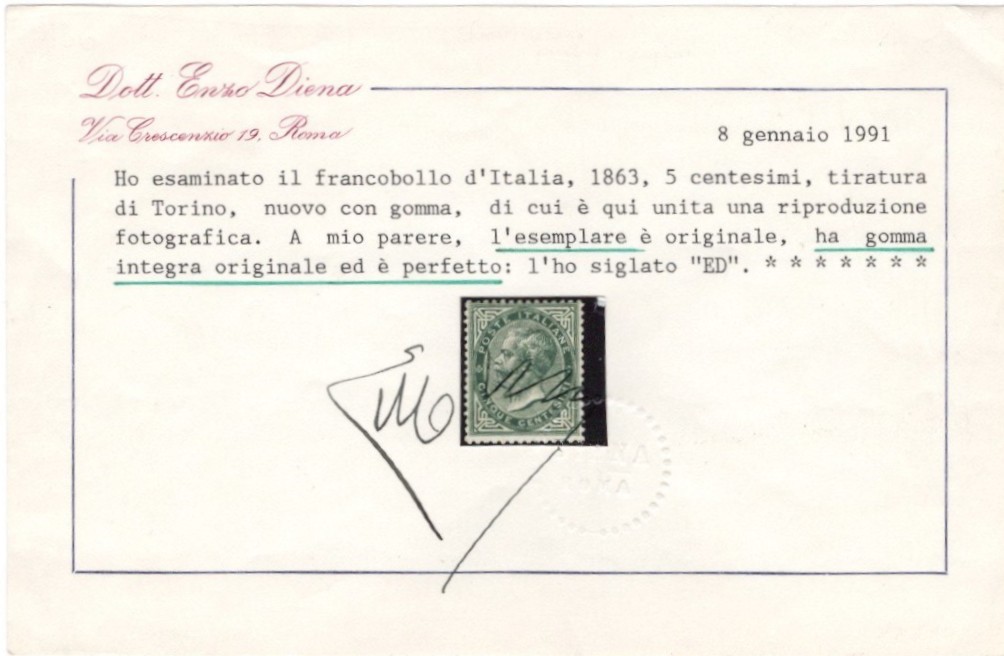 Regno d'Italia, D.L.R. 5 cent. tir. di Torino, 1863, nuovo con gomma integra