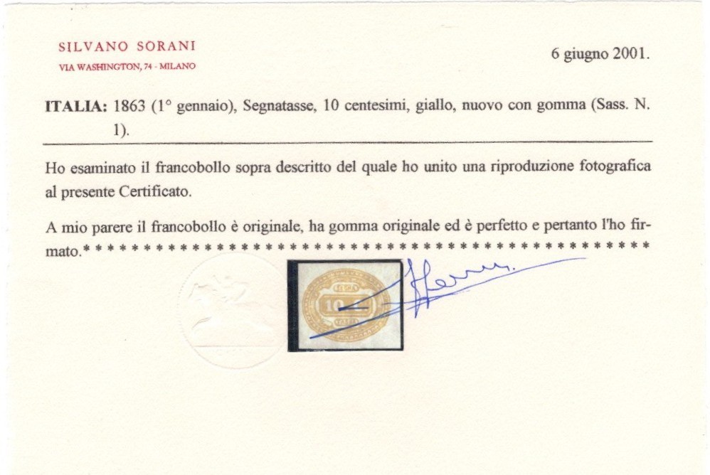Segnatasse n.1, nuova emissione del 1863 con gomma