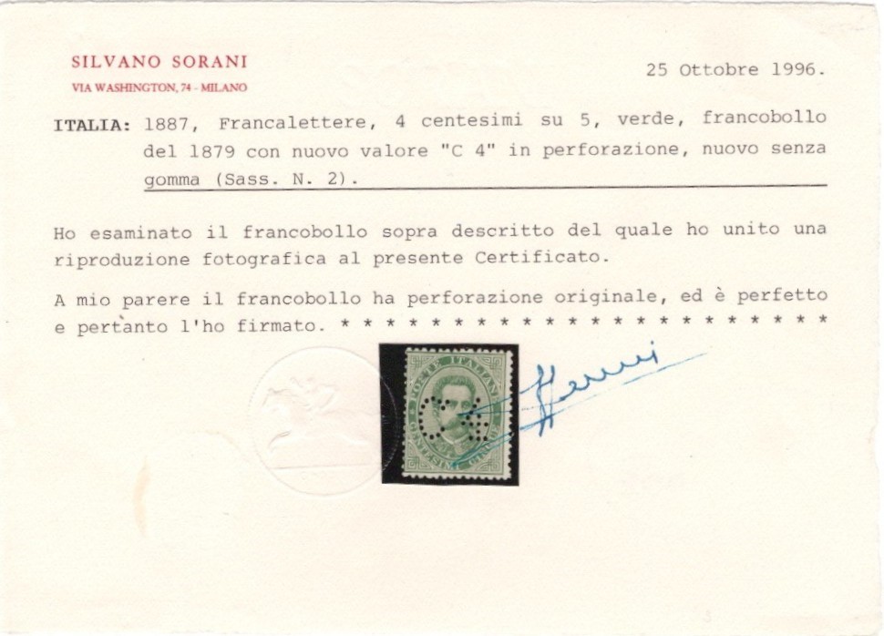 Regno, Francalettere n.2 con perforazione 'C4' (1887)