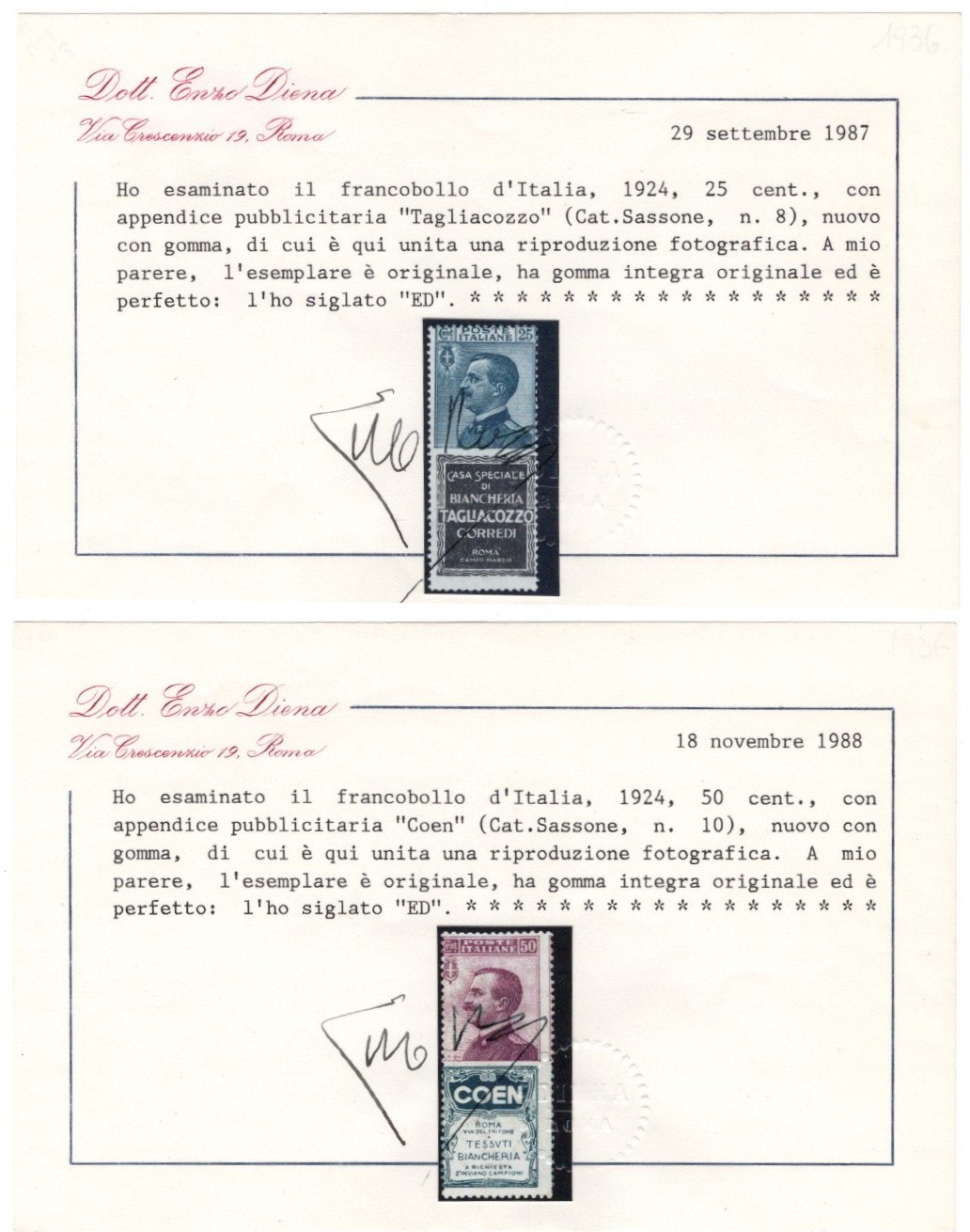 Regno, Serie di pubblicitari n.1/21, 1924, con gomma integra