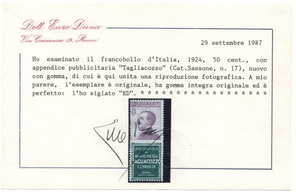 Regno, Serie di pubblicitari n.1/21, 1924, con gomma integra