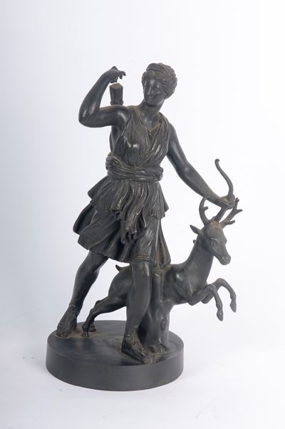 Scultore sconosciuto, Diana con cervo, scultura in bronzo