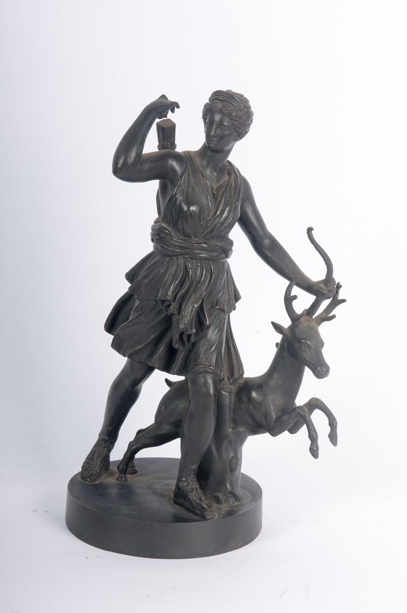 Scultore sconosciuto, Diana con cervo, scultura in bronzo