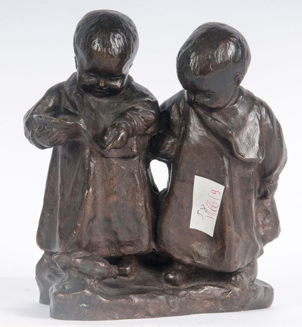 ARISTIDE PETRILLI - Coppia di bimbi, scultura in bronzo