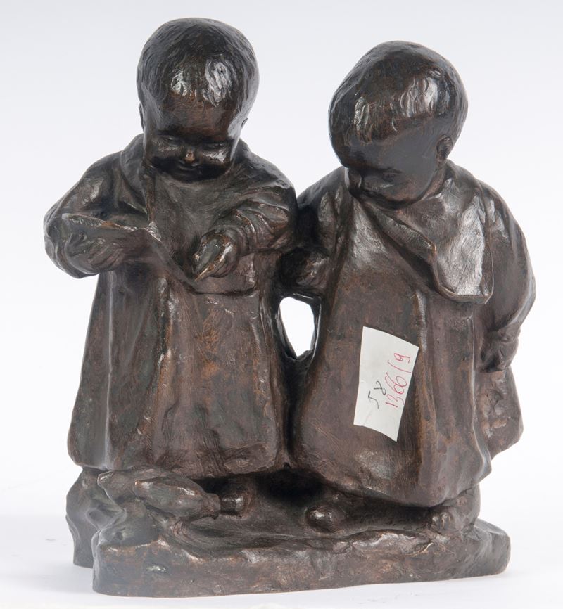 Aristide Petrilli - Coppia di bimbi, scultura in bronzo