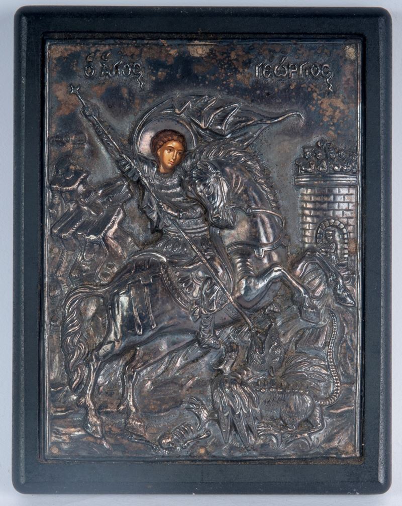 Icona in argento, San Giorgio e il drago, fine XX secolo