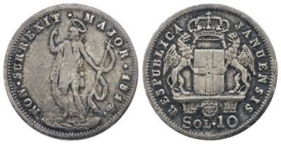 Repubblica Genovese, 10 soldi 1814, Ag, 2,12 gr, Mir 392