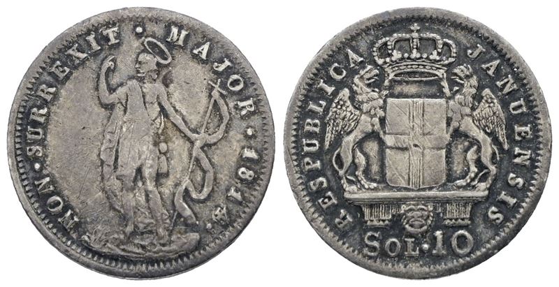 Repubblica Genovese, 10 soldi 1814, Ag, 2,12 gr, Mir 392