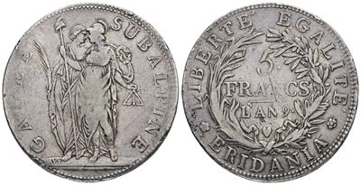 Moneta, Repubblica Subalpina, 5 franchi anno 9 (1800-1802), Argento, 25 gr
