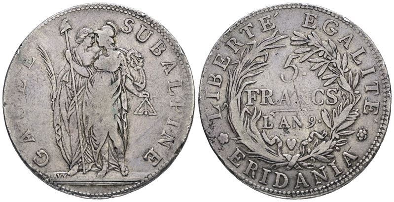 Moneta, Repubblica Subalpina, 5 franchi anno 9 (1800-1802), Argento, 25 gr