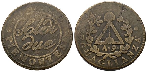TORINO. Repubblica Piemontese (1798-1799). 2 soldi anno 9. Cu; 10,7gr; Gig.3; Q.BB