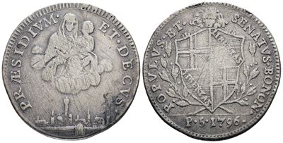 Moneta, Bologna. Governo Popolare (1796-1797). 5 paoli 1796, Argento, 14,5 gr