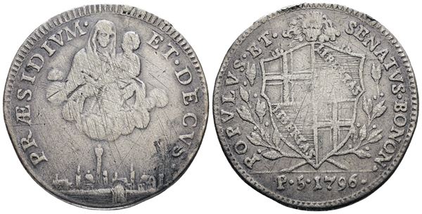 BOLOGNA. Governo Popolare (1796-1797). 5 paoli 1796. Ag; 14,5gr; Gig. 9; Raro; Q.BB; Graffietti. Ex mount
