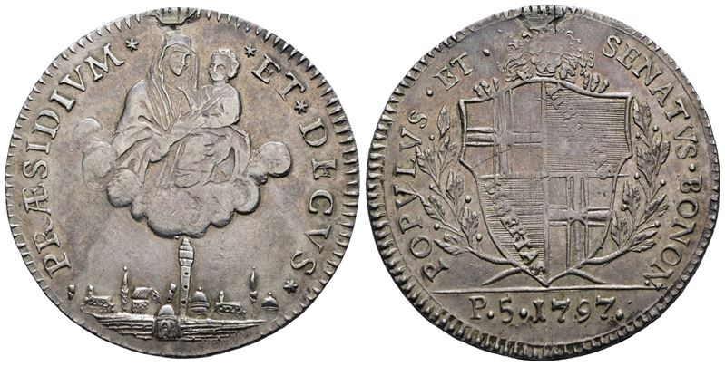 Moneta da 5 paoli, Governo Popolare di Bologna (1796-1797), Ag, 14,5 gr