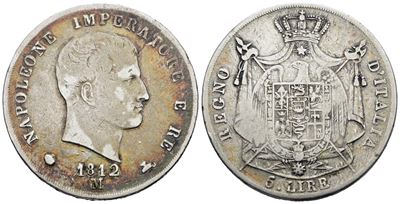 Napoleone I, 5 lire 1812 'puntali aguzzi'