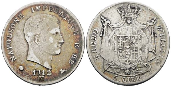 MILANO. Regno d'Italia. Napoleone I (1805-1814). 5 lire 1812 "puntali aguzzi". Ag; 25gr; Gig.112; MB/BB