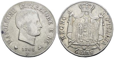 Napoleone I, Moneta da 5 lire del Regno d'Italia, 1808