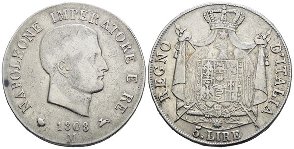MILANO. Regno d'Italia. Napoleone I (1805-1814). 5 lire 1808. Ag; 25gr; Gig.97; Q.BB