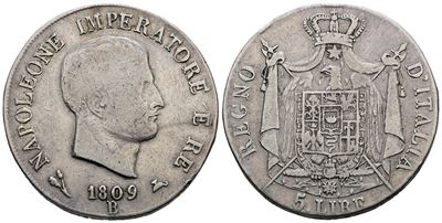 Napoleone I, 5 lire 1809, Regno d'Italia, Ag 25gr, Gig.99