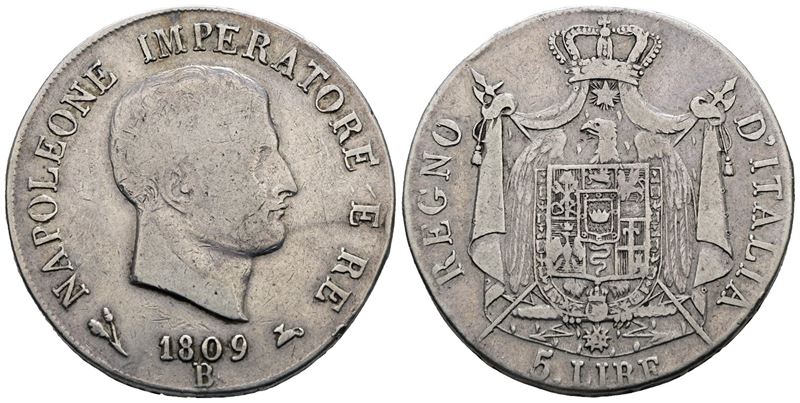 Napoleone I, 5 lire 1809, Regno d'Italia, Ag 25gr, Gig.99