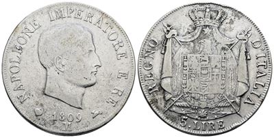 Moneta italiana, 5 lire 1809, Napoleone I (1805-1814), Argento, 25 gr, Gig. 100