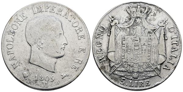 MILANO. Regno d'Italia. Napoleone I (1805-1814). 5 lire 1809. Ag; 25gr; Gig.100; MB/BB